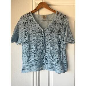 VTG Teddi Blue Large Crochet Floral Button Front Short Sleeve Cardigan Boho